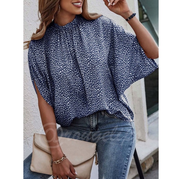 Multicolor, Spotty Dalmatian Print, Blue Casual Top, Blouse Stand Collar Shirt - Picture 3 of 12